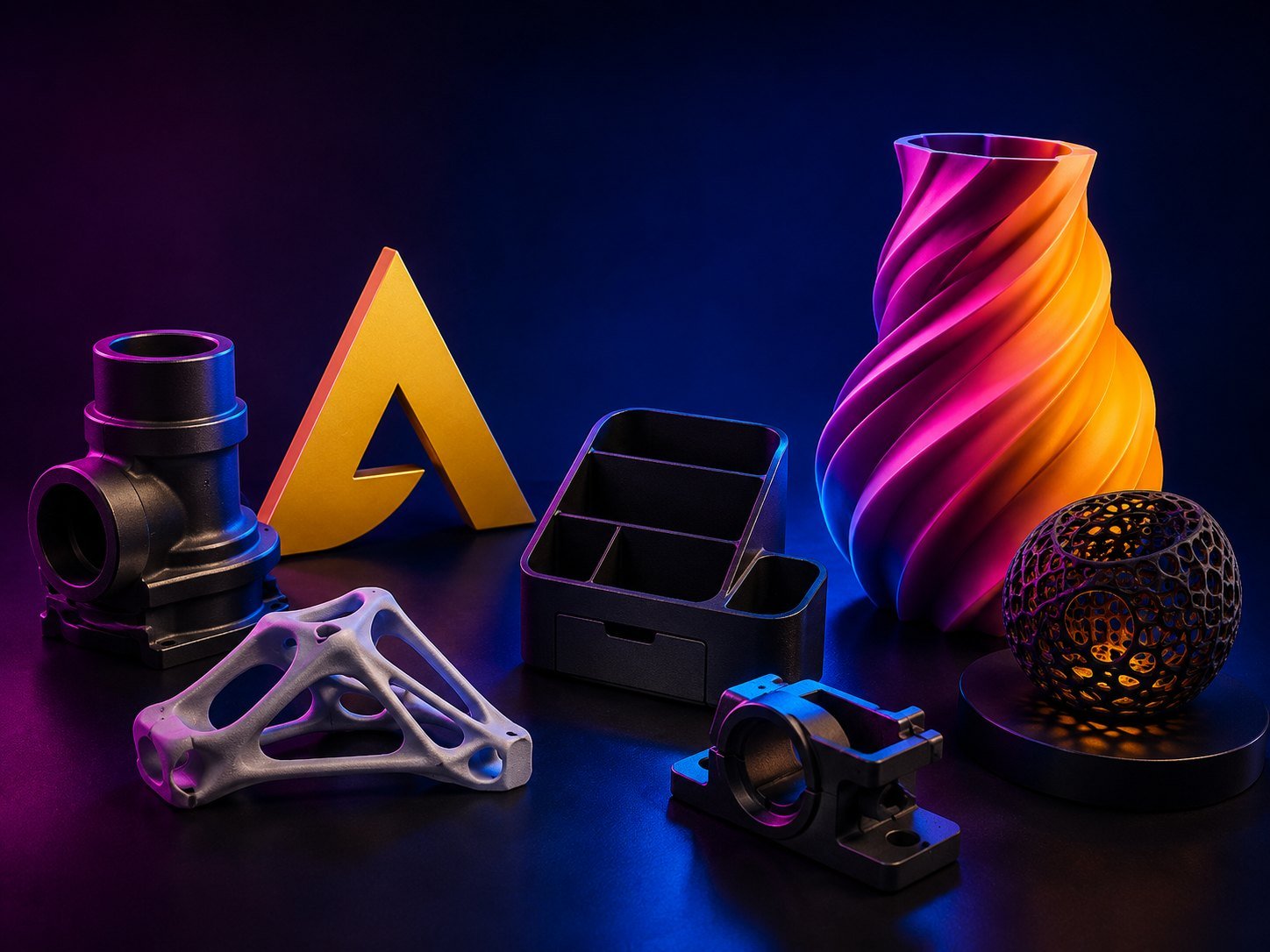 Conjunto de piezas impresas en 3D: componentes técnicos, organizador, letra corpórea y objetos de diseño