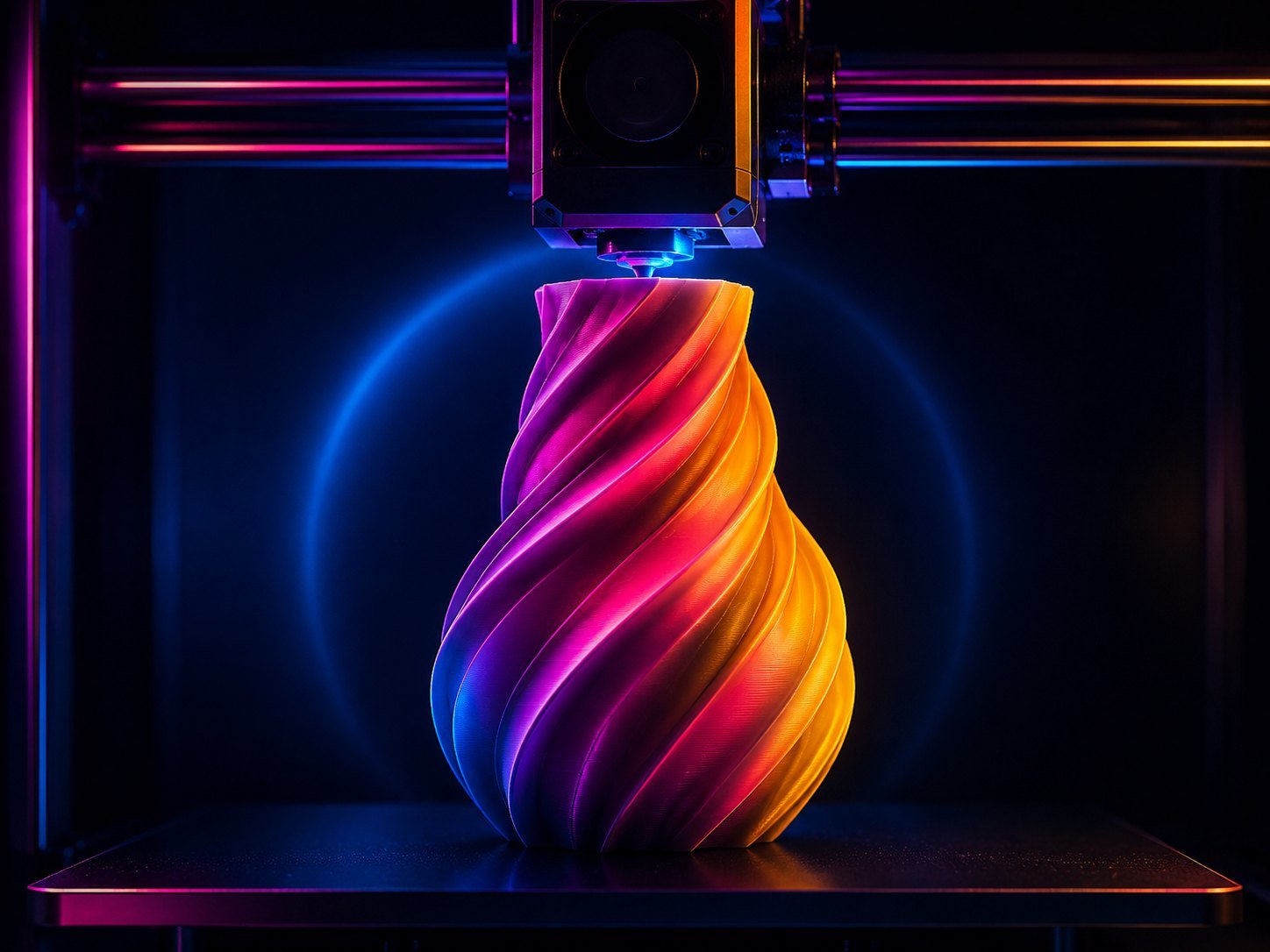 Impresora 3D depositando material sobre una pieza en construcción