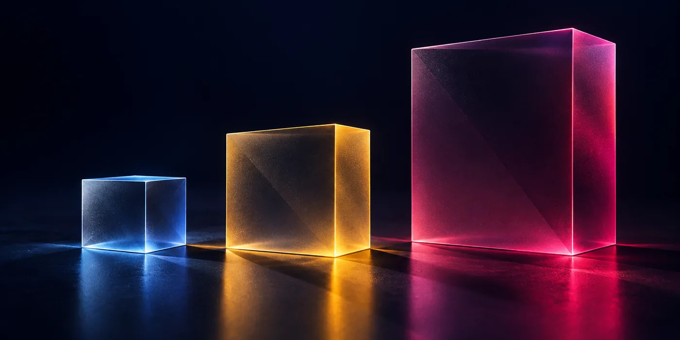 Tres bloques de vidrio de tamaño creciente, iluminados en azul, dorado y magenta