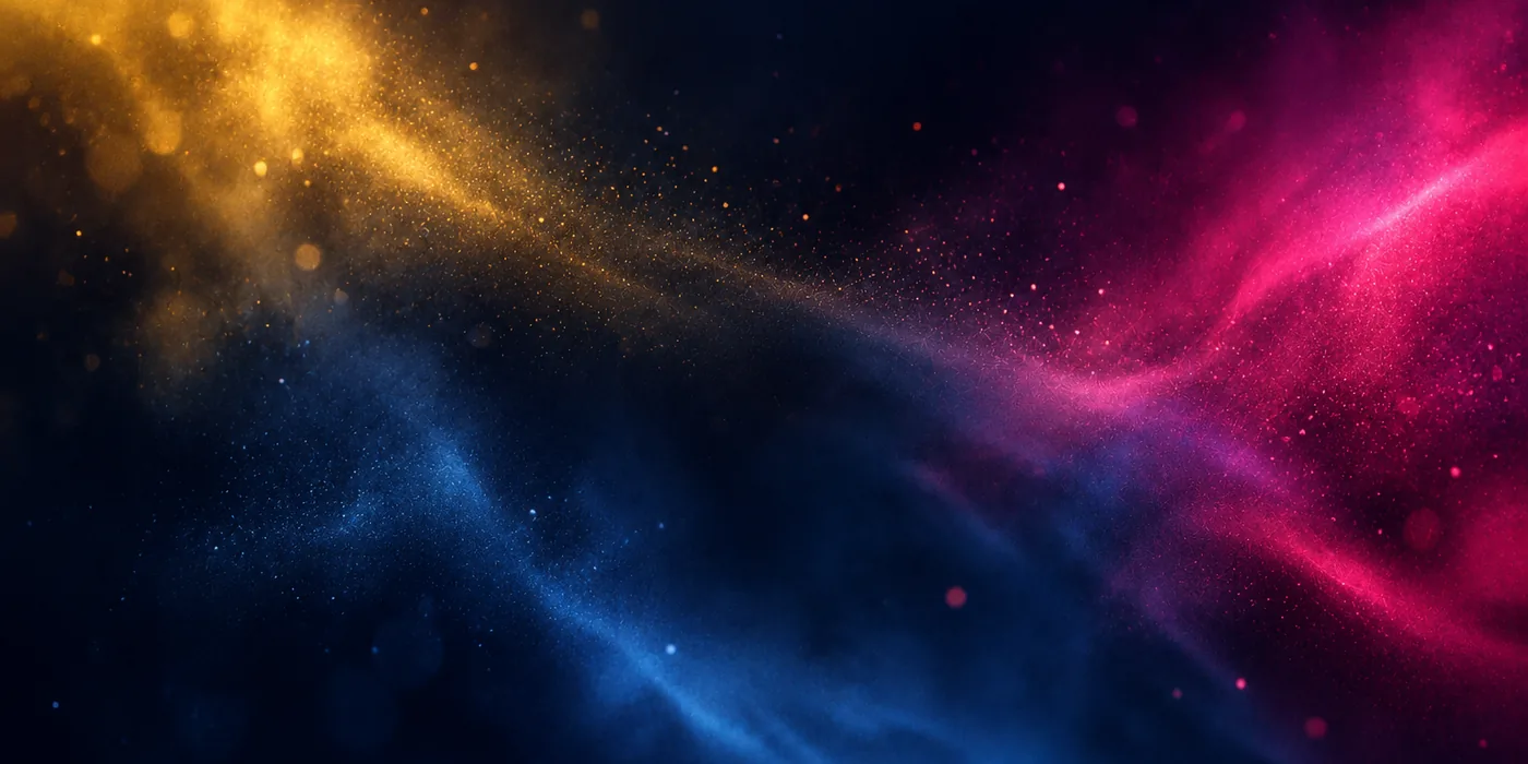 Nube de partículas de luz dorada, azul y magenta sobre fondo oscuro